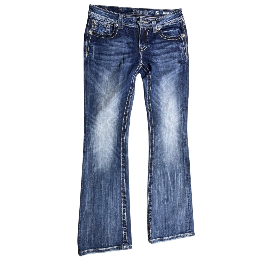 Miss Me Signature Rise Bootcut Jeans Size 29 Embellished Fleur De Lis Pockets